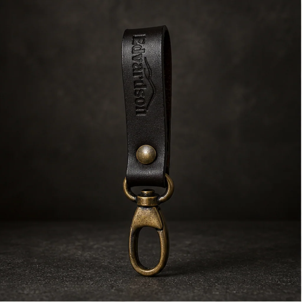 Dangler med karbinhake 50 mm – bälteshållare i äkta läder – Handgjord bälteshållare i mörkbrunt nötläder med mässingsfärgad karbinhake.