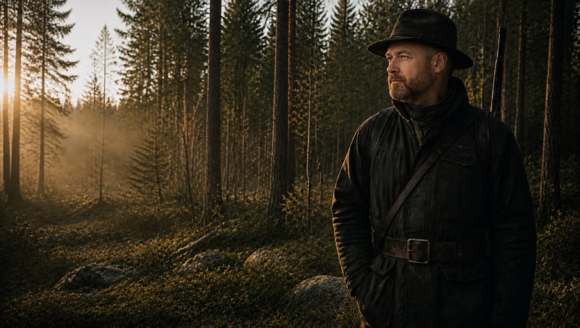 Jägare i vaxad jacka i en dimmig svensk granskog vid gryning