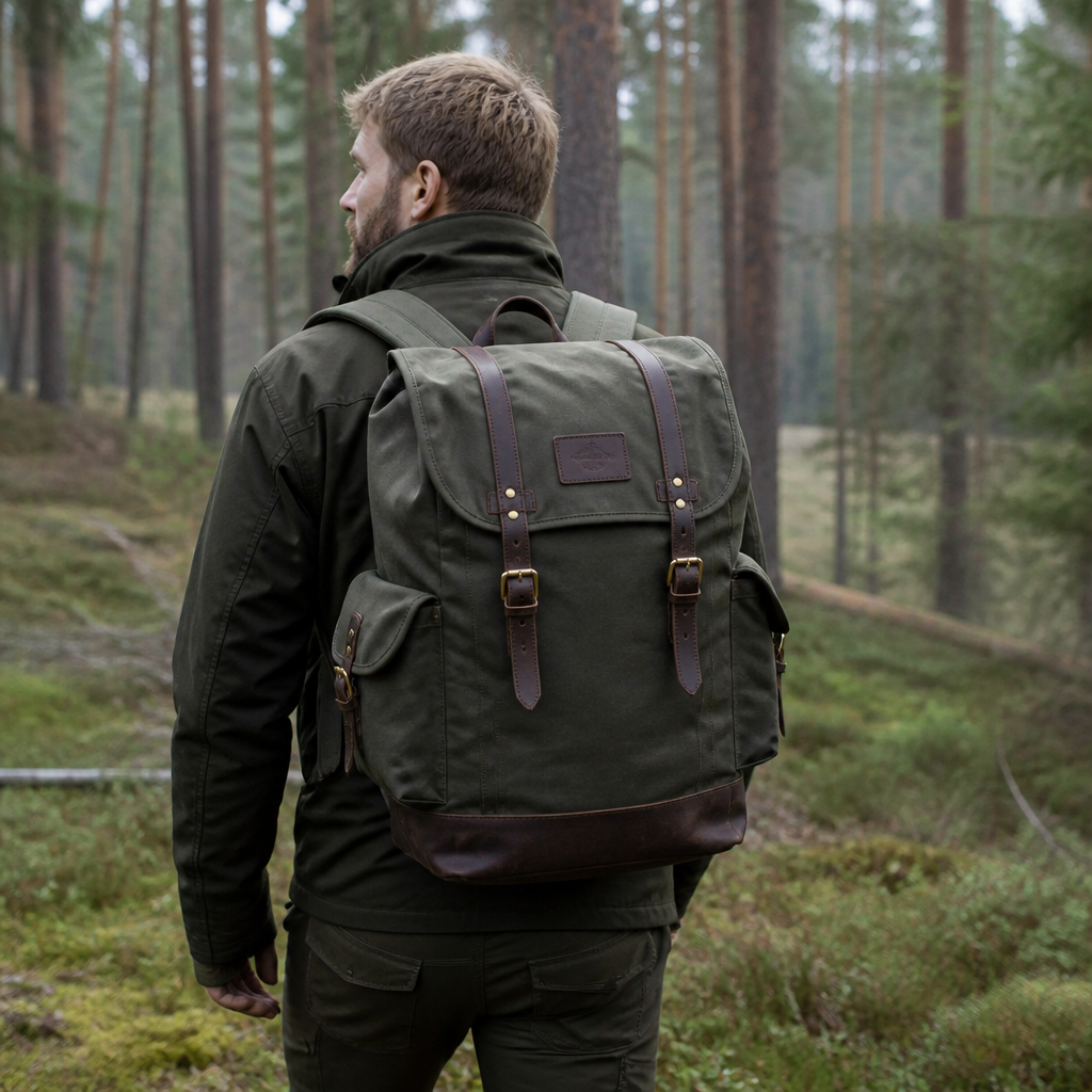 Jägare i tallskog med Jaktryggsäck 32 L Tiveden på ryggen